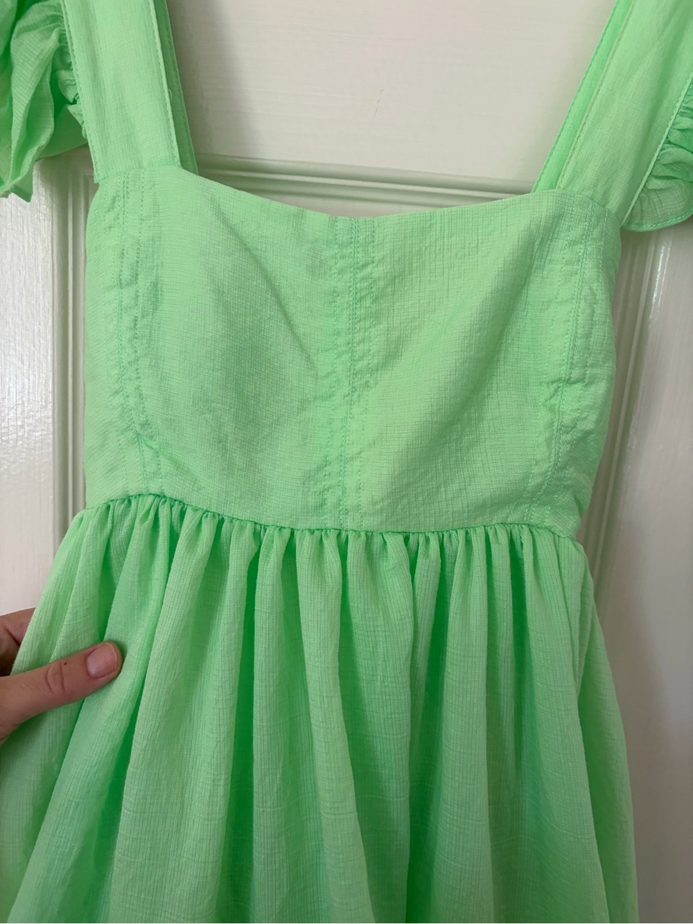 Medium • MABLE Neon Green Ruffle-Sleeve Mini Dress - Picture 7 of 12